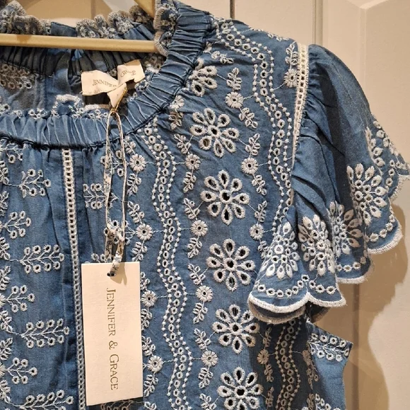 Nwt Jennifer & Grace Blue Embroidered Short Sleeve Top - Picture 3 of 8